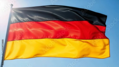 German flag waving in the breeze against a blue sky  
