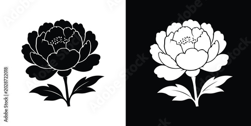 Peony flower silhouette black and white floral vector set with leaves