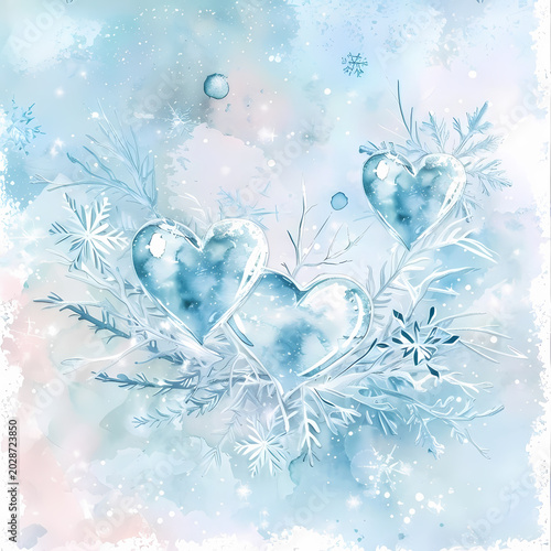 Frozen Heart Watercolor Winter Love Background in Soft Blue Tones