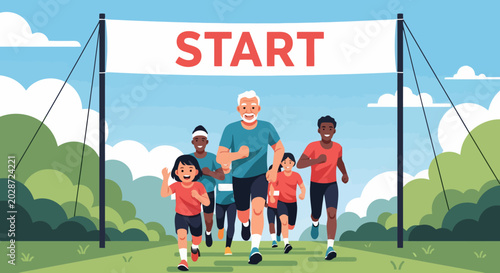 Diverse group of people running a race, starting line, active lifestyle.