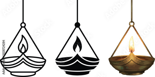 Fotografie Collection of hanging diya lamps traditional Indian festival lights in outline s