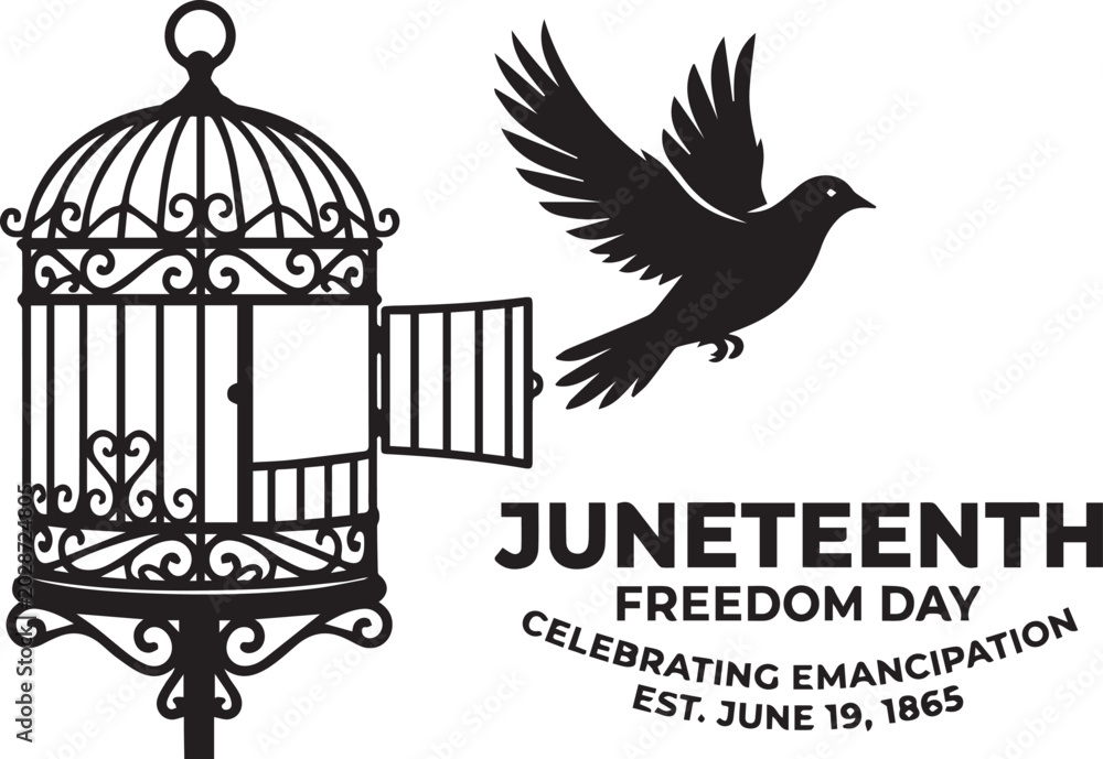 Fototapeta premium Juneteenth freedom day celebration with bird flying from open cage