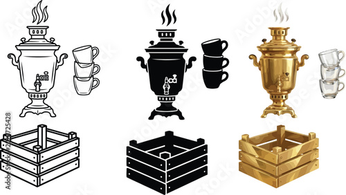 Obraz na plátně Collection of samovar icons in outline silhouette and golden styles with stacked