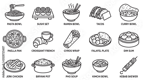 Variety of international food icons on white background for culinary concepts