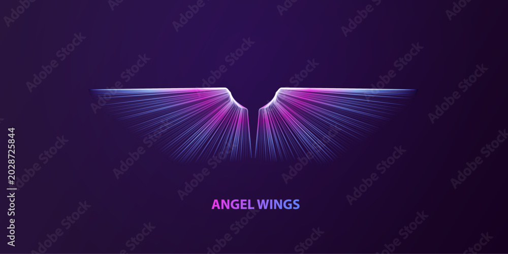 Obraz premium Abstract angel wings fantasy design. Glowing neon feathers create a mystical and futuristic look. Decorative vector illustration for spiritual, magic, and dream themes.