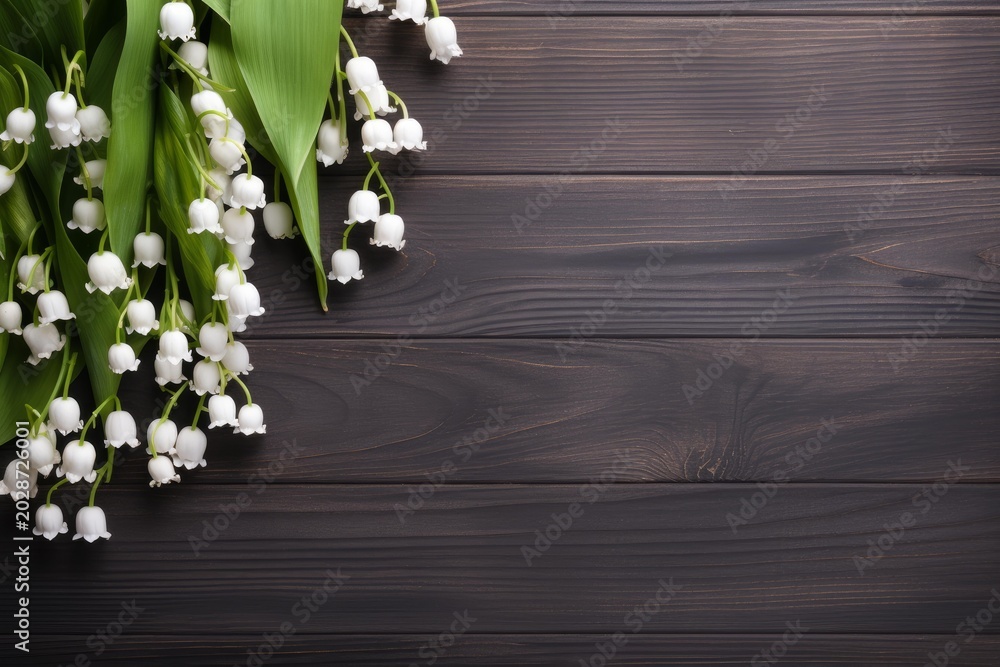 Fototapeta premium Delicate lily of the valley flowers blooming on a rustic dark wooden surface