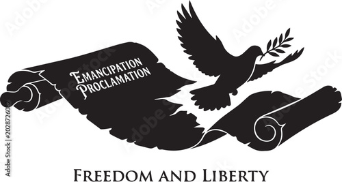 Quadro su tela Emancipation proclamation scroll with dove graphic olive branch black and whit