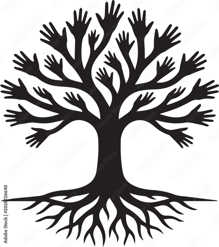 Fototapeta premium Tree of hands silhouette black and white symbolizing unity and growth
