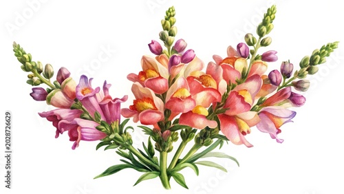 Colorful snapdragon flowers in a bouquet - Vibrant watercolor-style snapdragon flowers arranged in a loose bouquet with green foliage.