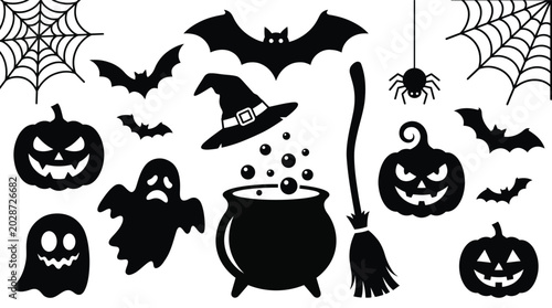 Photos Spooky halloween icon set featuring a variety of classic holiday symbols in a si