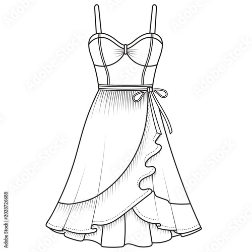 Collection of women's clothing technical sketches showing various styles black and white line art illustration for fashion design. Elegant woman, fashion illustration, line art, puffy sleeve dress, 