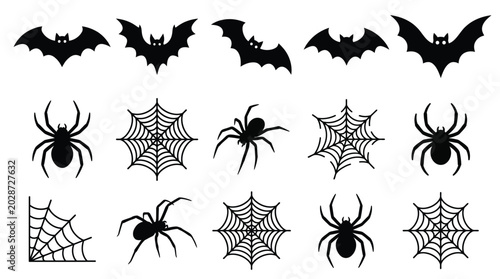 Photos Halloween bats spiders and cobwebs flat vector icon set black silhouette decorat