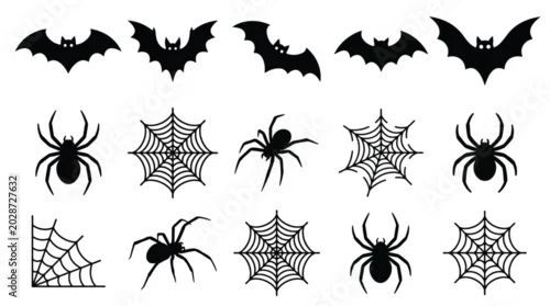 Fototapeta Halloween bats spiders and cobwebs flat vector icon set black silhouette decorative elements