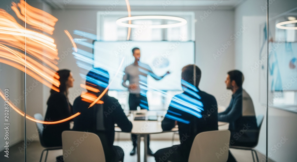 Fototapeta premium Business team discussing corporate strategy in modern office with dynamic light reflections