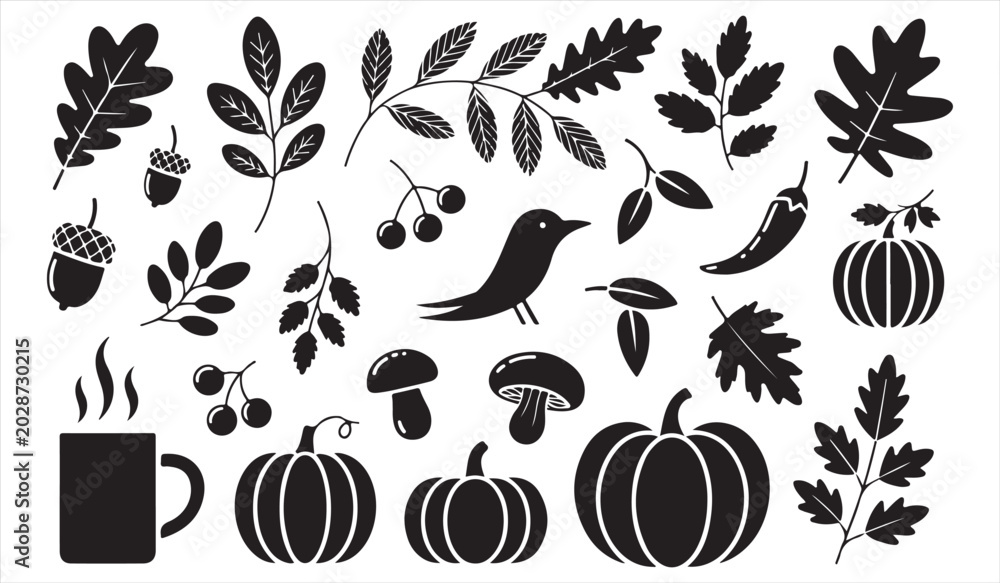 Fototapeta premium Decorative fall harvest elements in black silhouette illustration style