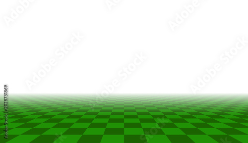 Foto Green pixel art game ground plane with checkered pattern receding into foggy mis