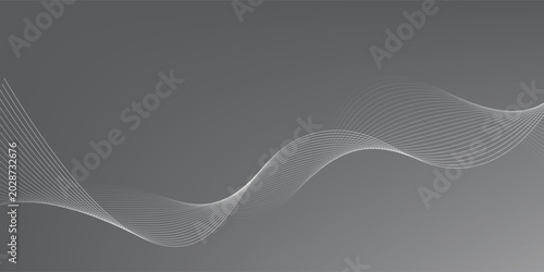 Abstract gray gradient background with elegant flowing white wave lines. Modern minimalist dynamic curved line texture for professional corporate business banners and presentation backdrops.