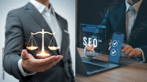 Businessman holding scales of justice and SEO digital interface representing law and marketing balance