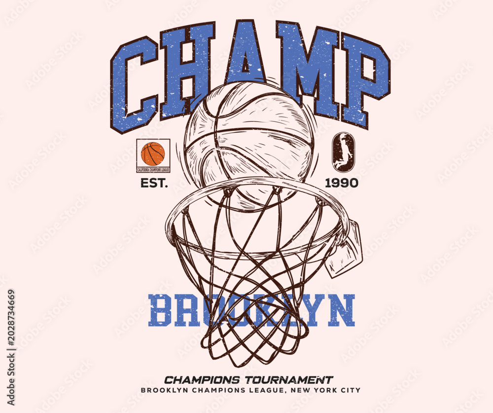 Fototapeta premium Basketball college league. Vintage artwork for sportswear. Sport logo. College font. Basketball club vector t-shirt design. Brooklyn basketball league graphic print design. Champion tournament. 