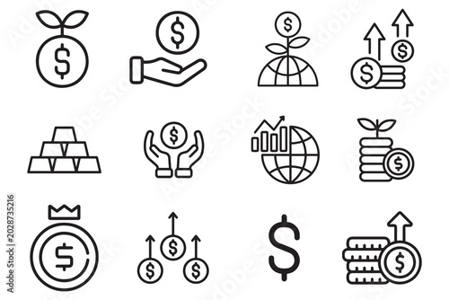 Investment and Financial Growth Icon Set - Money Savings, Stock Market Trends, and Wealth Management Symbols