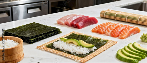 Sushi making setup with nori sheets, sushi rice, raw fish slices on clean counter. Detailed sushi making setup features fresh avocado slices, bamboo rolling mat, and wasabi, ready for preparation.