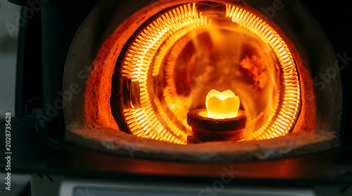 industrial furnace with glowing metal object inside heating process
