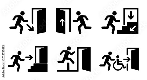 Running Man Exit Signs, Emergency Door Icons, Safety Directional Symbols, Vector Graphics