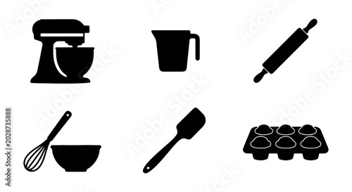 Bild auf Leinwand Baking Icons Set: Stand Mixer, Measuring Cup, Rolling Pin, Whisk, Spatula, Eggs