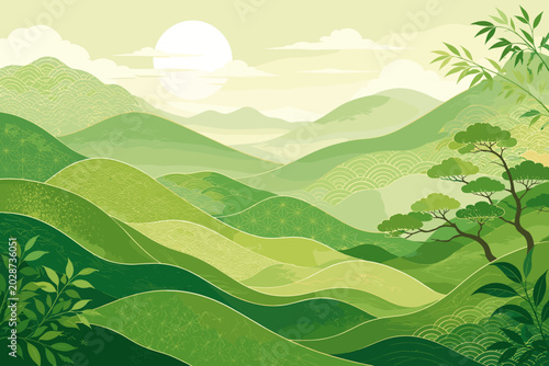 Serene green rolling hills landscape with a bright sun and traditional Japanese patterns