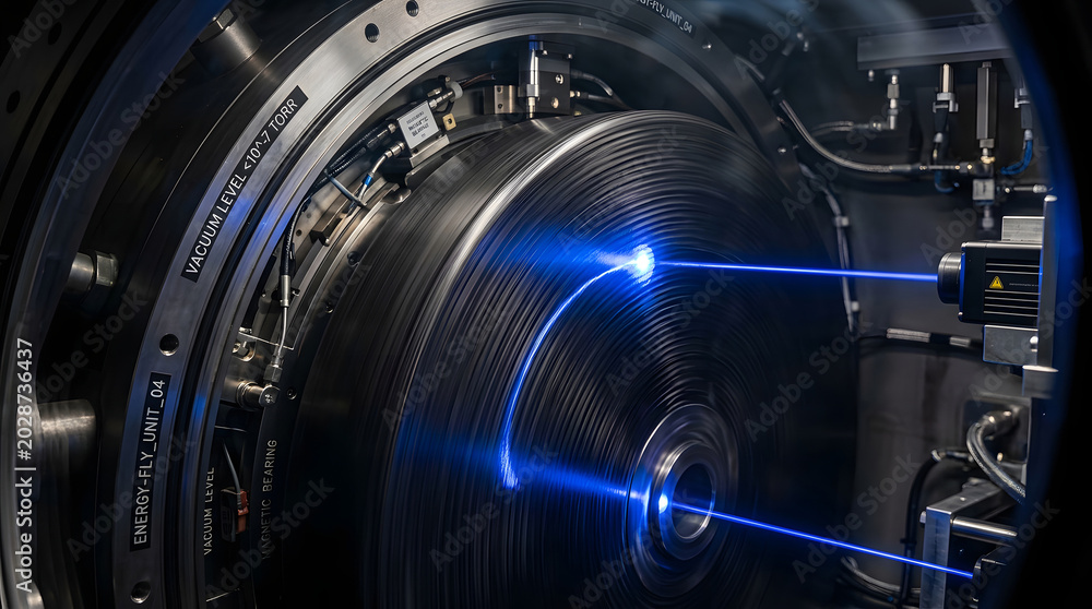 Fototapeta premium flywheel energy storage system with blue light industrial technology and engineering