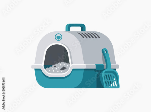 A clean cat litter box with a scoop beside it, featuring a simple, modern design. The litter box is enclosed with ventilation holes and a small cat icon on top