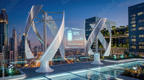 Advanced vertical turbines generate clean electricity on modern building with digital energy monitoring display