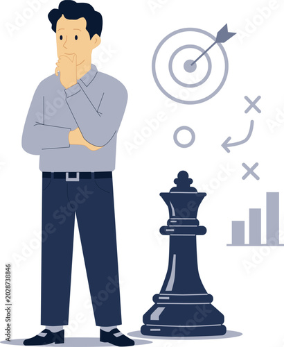 Business Strategy Concept Illustration with Chess Piece, Analytics Graph and Strategic Planning