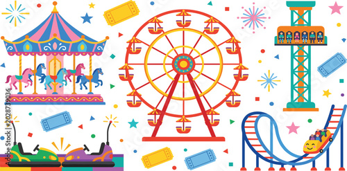 Photos Amusement theme park carnival rides and funfair entertainment flat vector illust