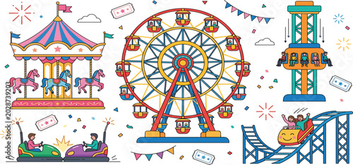 Quadro em tela Amusement theme park carnival rides and funfair entertainment flat line vector i