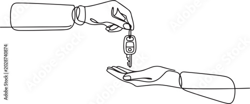 Tableau sur toile Continuous one line drawing car seller hand giving key and alarm system to buyer