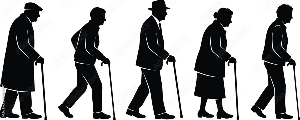 Εκτύπωση καμβά Set of detailed black silhouettes featuring senior men and women walking with mobility canes isolated on a white background
