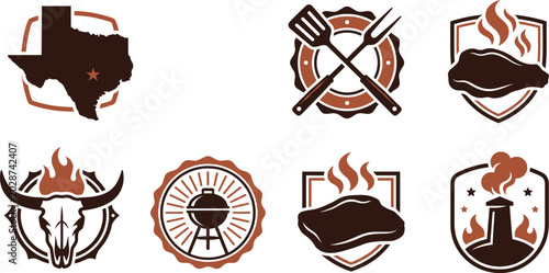 Fotografie Vintage Texas style barbecue grill logos set with bull skull steak smoker and state map branding elements