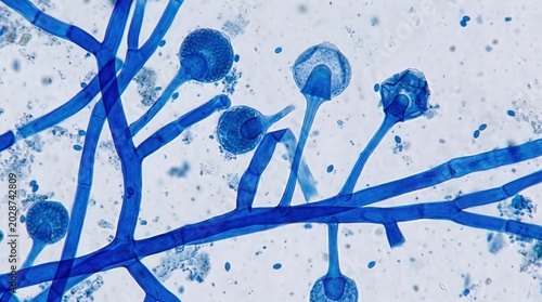 Mucor Sporangiophore Ribbon Hyphae Lactophenol Blue. Mucor species showing broad aseptate ribbon-like hyphae and round sporangiophore in lactophenol cotton blue preparation.