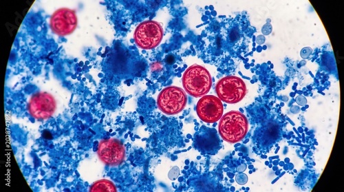 Cryptosporidium Oocysts Modified Acid Fast Stool Smear. Cryptosporidium parvum oocysts staining red in modified Ziehl Neelsen acid fast stained stool smear from diarrheal illness.