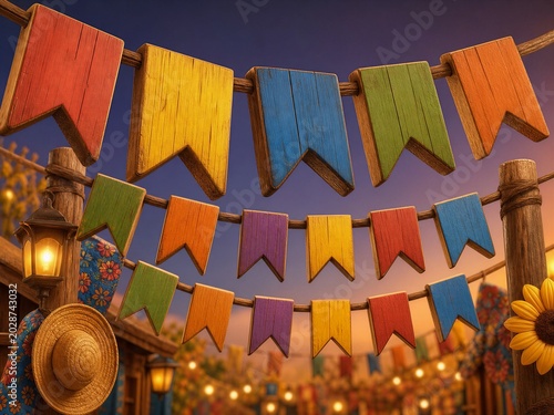 Fileiras de bandeiras de são joão feitos com madeiras grossas coloridas, decoração de festa junina no fim de tarde