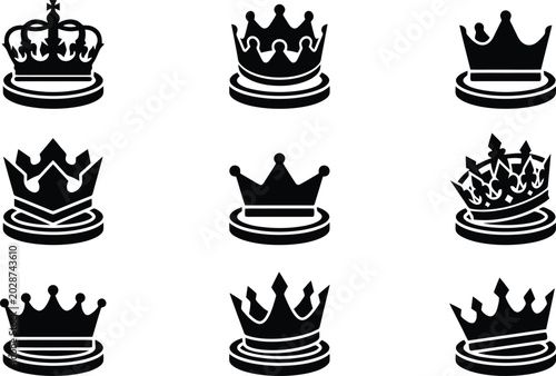 Bild auf Leinwand Royal crown icons set, black silhouette king and queen headwear collection, 9 ve