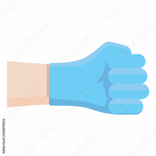 Hand wearing blue protective glove, fist clenched tight securely