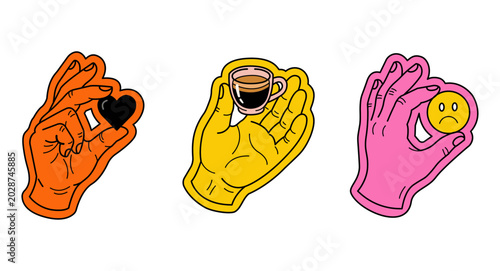 Fotografía vector illustration of minimal hands holding heart espresso cup and sad face sti