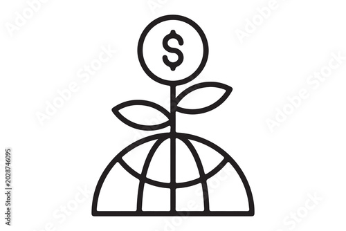 Global Financial Growth and Sustainable Investment Icon - Money Plant Sprouting from World Globe Symbol