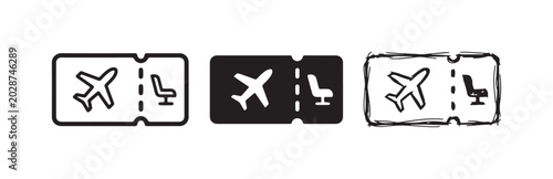 Foto Air travel ticket icons with airplane and seat, presented in outline, solid, and hand-drawn styles