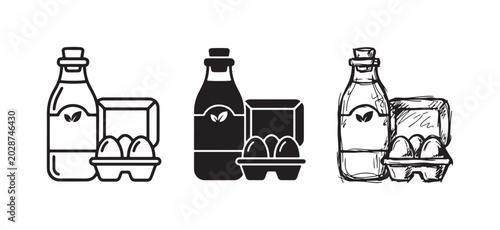 Photos Grocery staple icons: milk bottle, food carton, and egg tray in various artistic styles