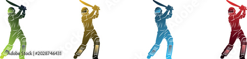Fotografia Set of four colorful cricket batsman silhouettes with gradient fills performing a powerful batting stroke, isolated on a white background