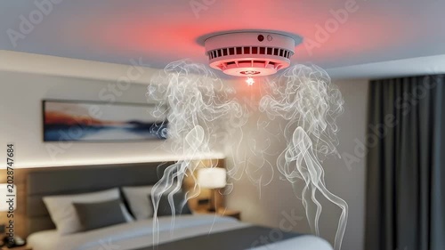 White smoke detector on ceiling with red light flashes reacting to rising smoke in a modern hotel bedroom.