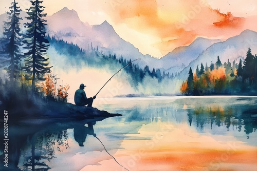 Serene watercolor art depicting a lone angler casting a line into a reflective mountain lake surrounded by pine forests at dusk
